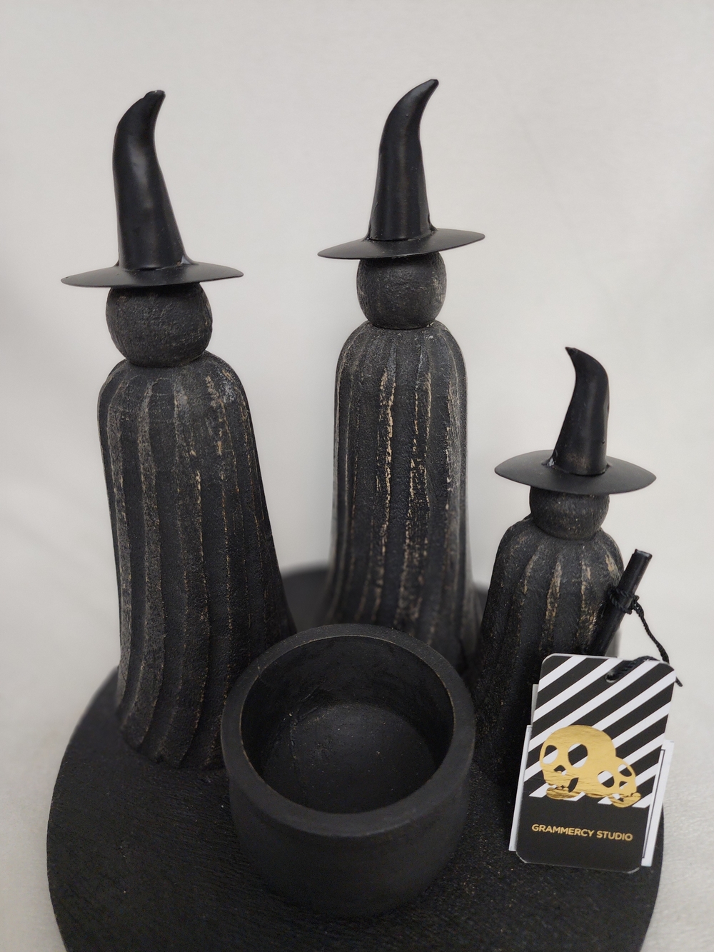Black Witch Trio With Cauldren Pot Home Accent Made Of Wood
